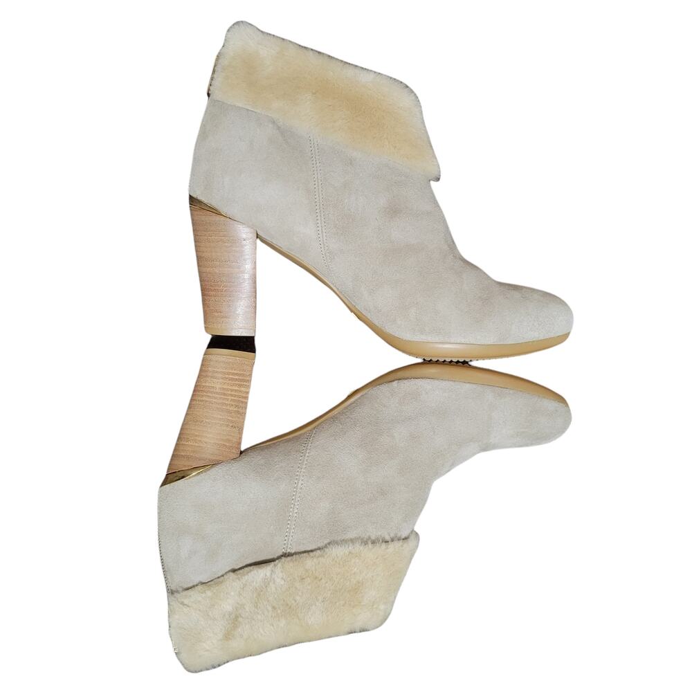 Anthropologie Strena Germacario Shearling Cuff Suede Tan Booties, Sz 10 -- NWOT